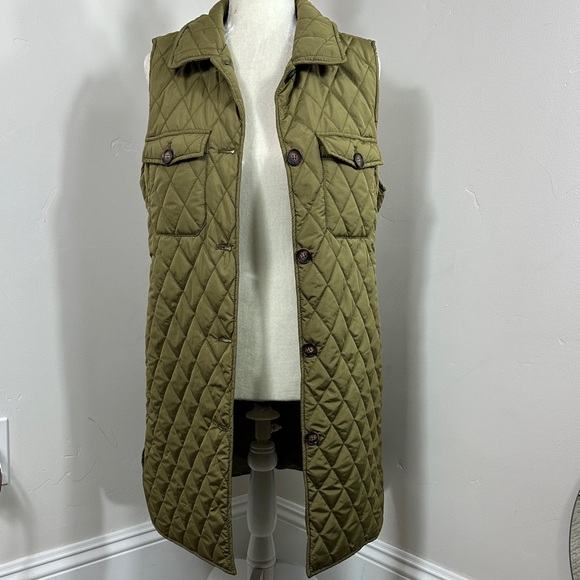 Marc New York Andrew Marc Quilted Olive Green Button Up Long Vest Medium - Picture 2 of 10